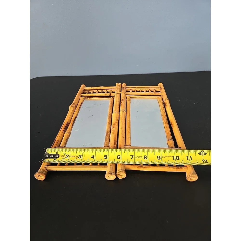 VTG Bamboo Rattan Tabletop Vanity Mirror Folding 2 Sides Jewelry Holder Boho